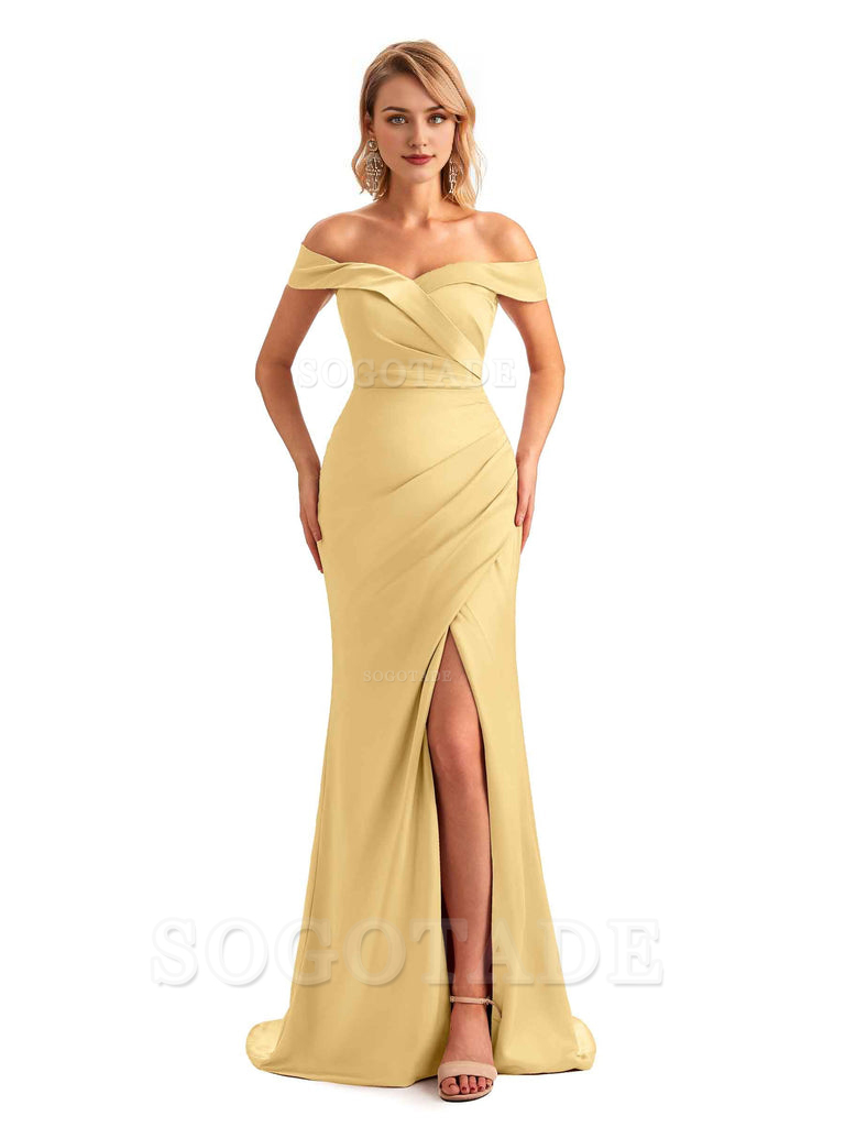 Off Shoulder Side Slit Mermaid Silky Satin Unique Long Formal Wedding Guest Dresses Online