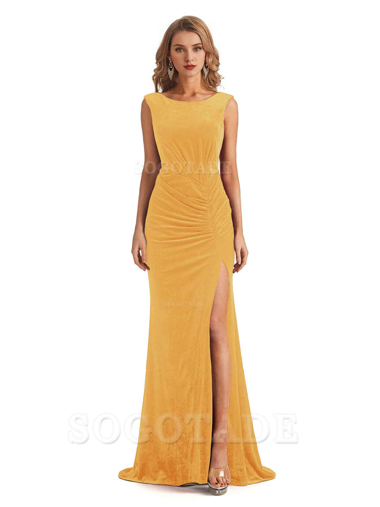 Sexy Open Back Mermaid Velvet Jewel High Split Maxi Long Bridesmaid Dresses Online