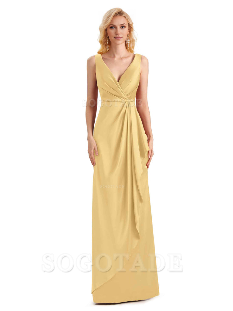 V Neck Elegant Soft Satin Formal Long Maid Bridesmaid Dresses Formal Wear Dresses