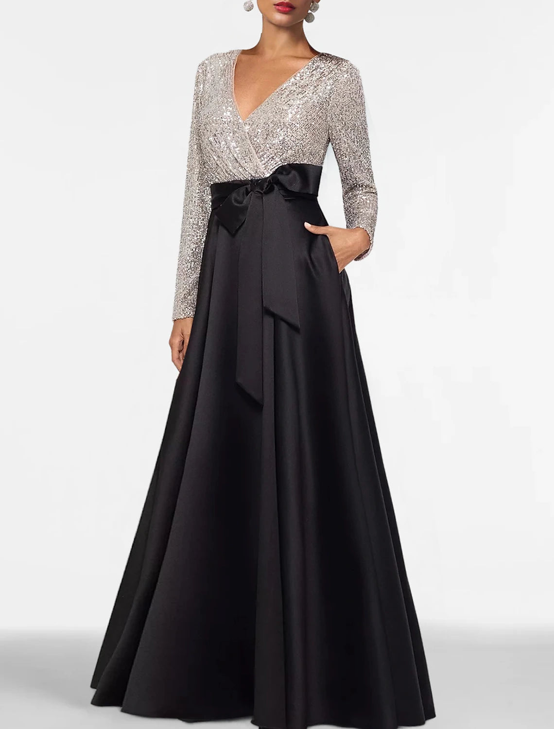 A-Line Evening Gown Black Dress Plus Size Color Block Dress Formal Floor Length Long Sleeve V Neck Fall Wedding Guest Satin with Sequin Pocket 2024-SOGOTADE