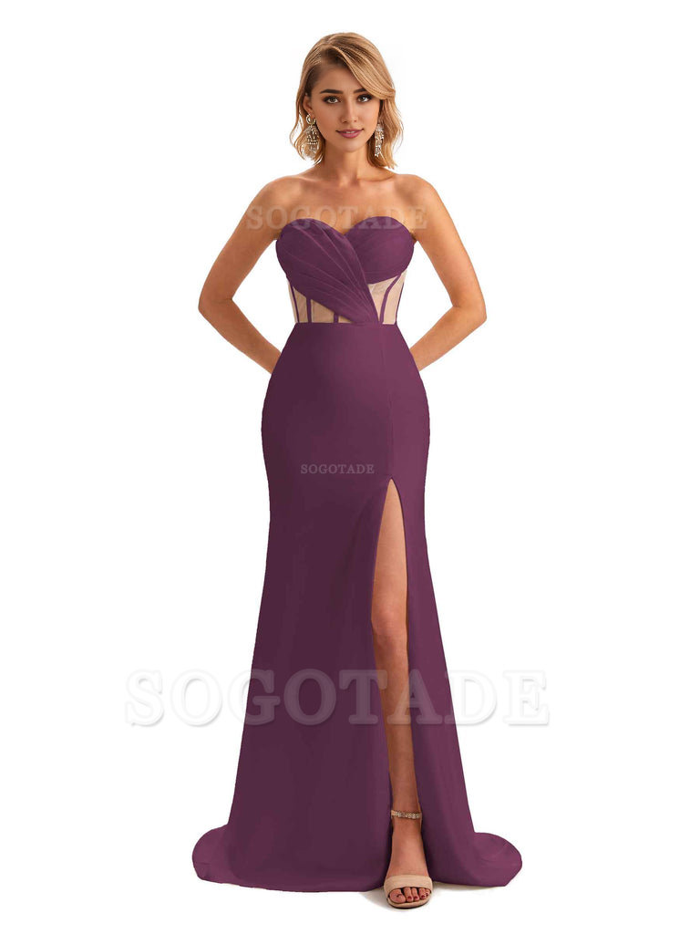 Sexy Sweetheart Strapless Side Slit Mermaid Soft Satin Unique Long Bridesmaid Dress For Wedding