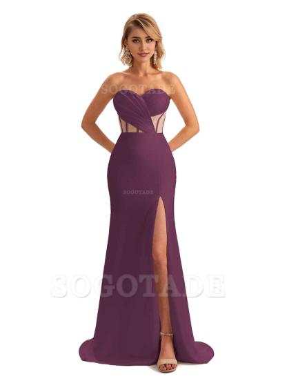 Sexy Sweetheart Strapless Side Slit Mermaid Soft Satin Unique Long Bridesmaid Dress For Wedding