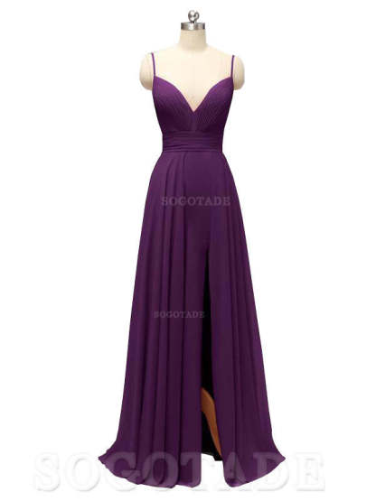 Honest Chiffon Spaghetti Straps Slit Long Bridesmaid Dresses prom shop dresses