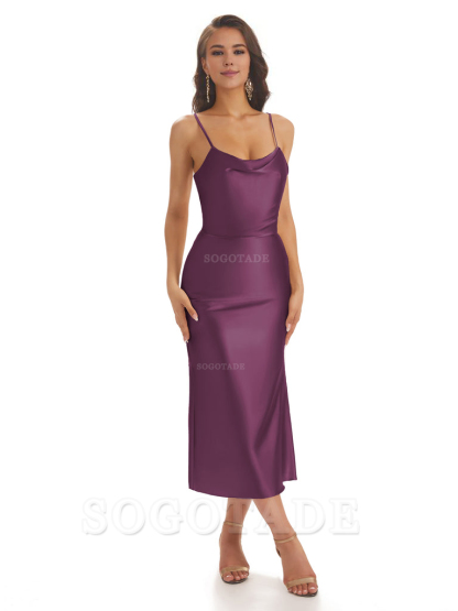 Sexy Soft Satin Spaghetti Strap Tea-Length Midi Short Bridesmaid Dresses prom shop dresses