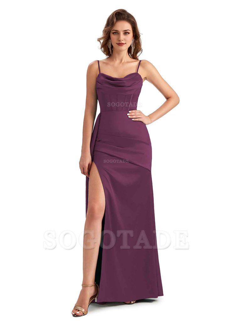 Sexy Side Slit Mermaid Silky Satin Spaghetti Straps Unique Wedding Guest Dresses