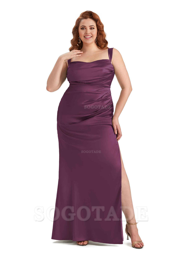 Sexy Side Slit Mermaid Wide Straps Soft Satin Long Plus Size Maid of Bridesmaid Dresses