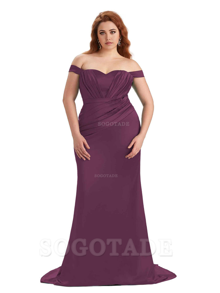 Sexy Mermaid Off The Shoulder Sweetheart Soft Satin Floor Length Long Plus Size Maid of Honor Dresses