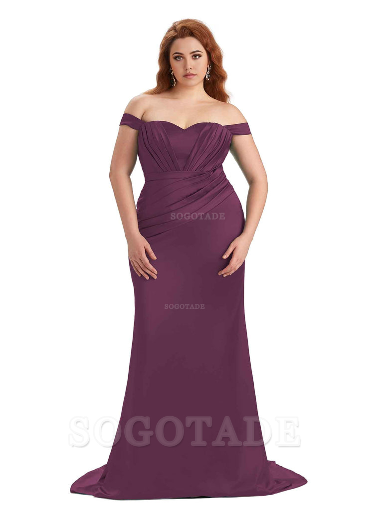 Sexy Mermaid Off The Shoulder Sweetheart Soft Satin Floor Length Long Plus Size Maid of Honor Dresses