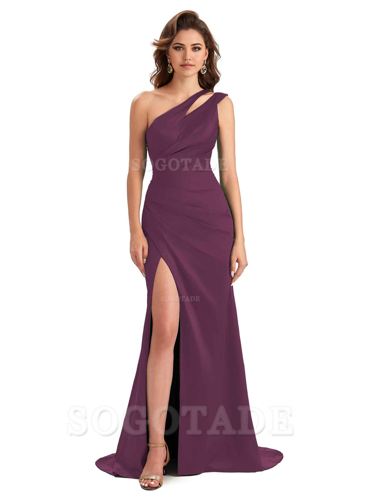 Mermaid One Shoulder Satin Sexy formal dresses evening gown Bridesmaid Dresses With Side Slit 