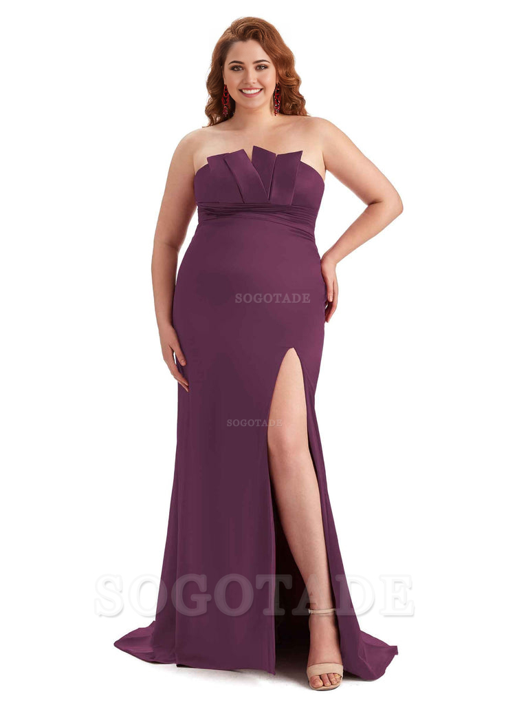 Sexy Side Slit Sleeveless Mermaid Soft Satin Long Plus Size Wedding Party Dresses For Wedding