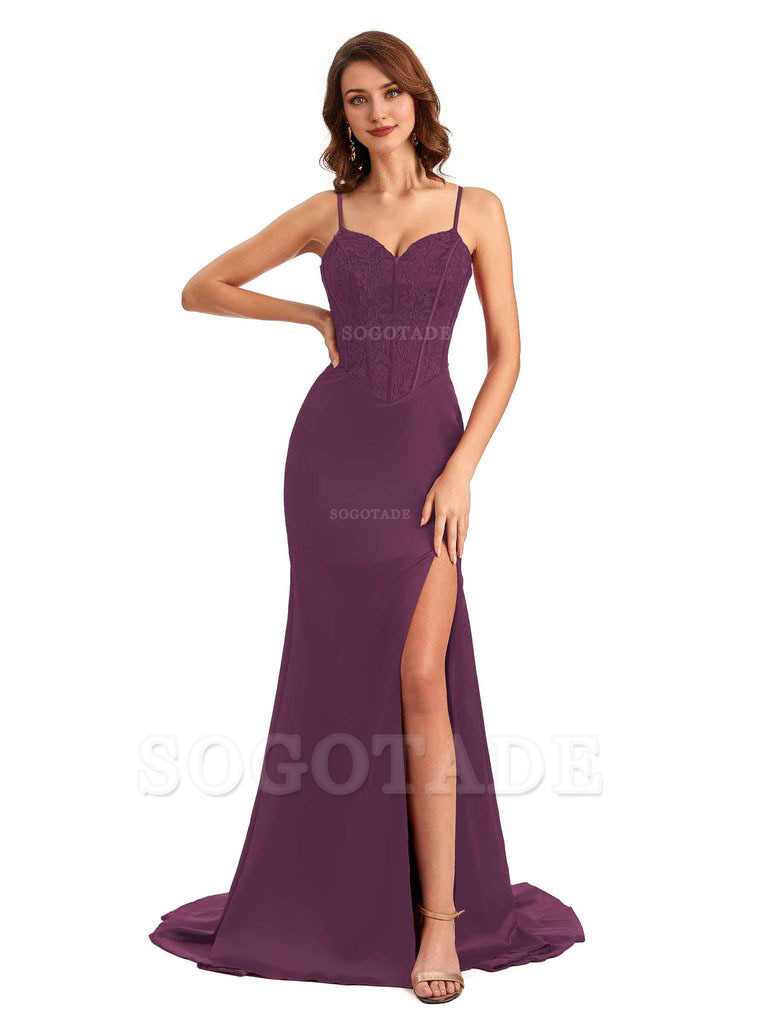 Sexy Side Slit Mermaid Silky Satin V-Neck Lace Unique Long Bridesmaid Dresses