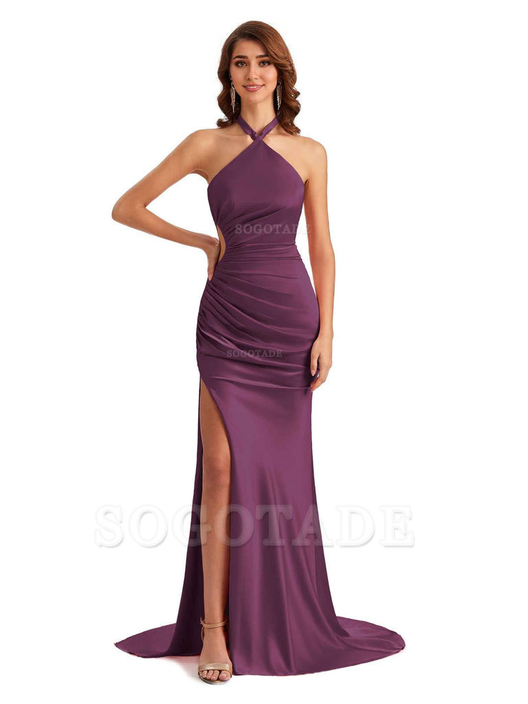 Sexy Halter Mermaid Silky Satin Unique Long Formal Wedding Guest Dresses