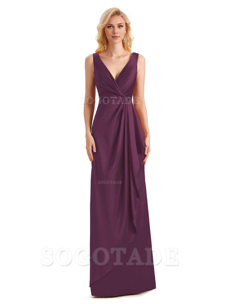 V Neck Elegant Soft Satin Formal Long Maid Bridesmaid Dresses Formal Wear Dresses