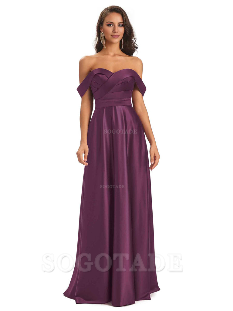 Sexy Soft Satin Off The Shoulder A-Line Long Bridesmaid Dresses Elegant Evening Party Dress