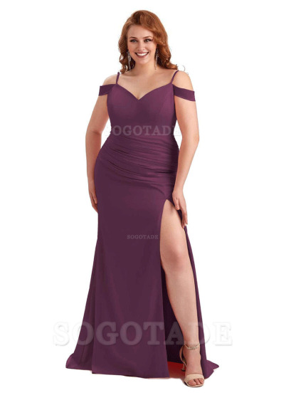 Sexy Side Slit Mermaid Cold Shoulder Soft Satin Long Plus Size Bridesmaid Dresses Online
