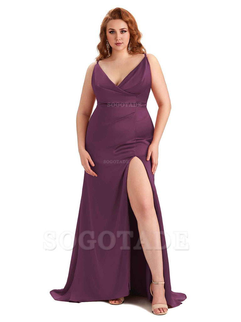 Sexy Side Slit Spaghetti Straps Mermaid Soft Satin Fashion Bridesmaid Dresses