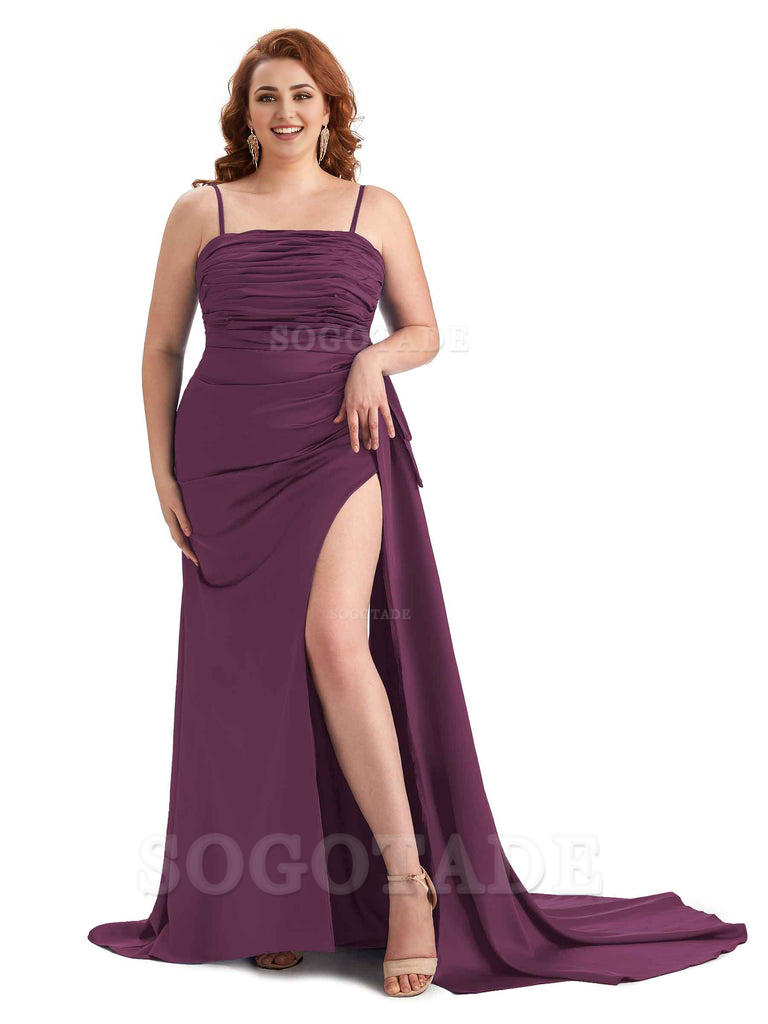 Sexy Side Slit Spaghetti Straps Mermaid Soft Satin Long Plus Size Bridesmaid Dresses Online