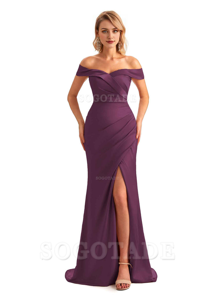 Off Shoulder Side Slit Mermaid Silky Satin Unique Long Formal Wedding Guest Dresses Online
