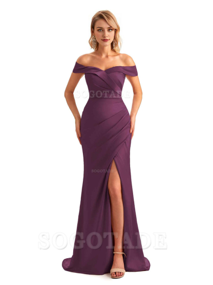 Off Shoulder Side Slit Mermaid Silky Satin Unique Long Formal Wedding Guest Dresses Online