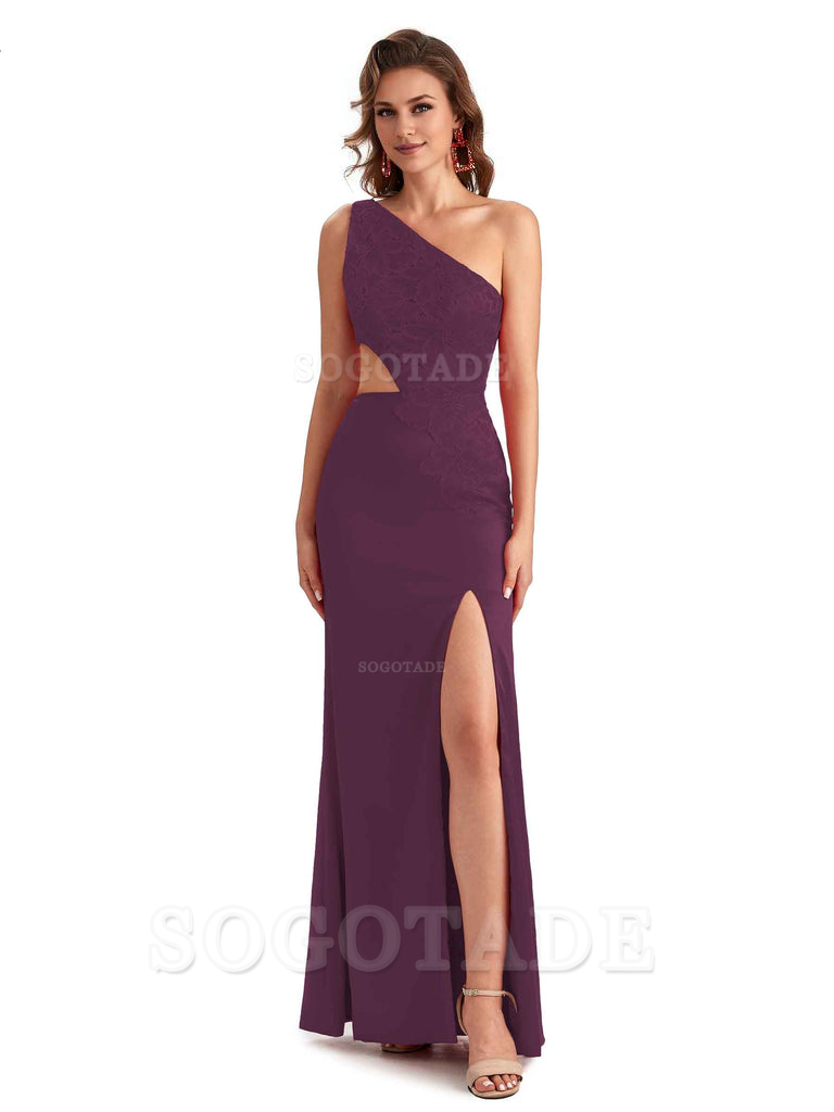 Sexy Side Slit Mermaid Lace Silky Satin One Shoulder Chic Long Bridesmaid Dresses