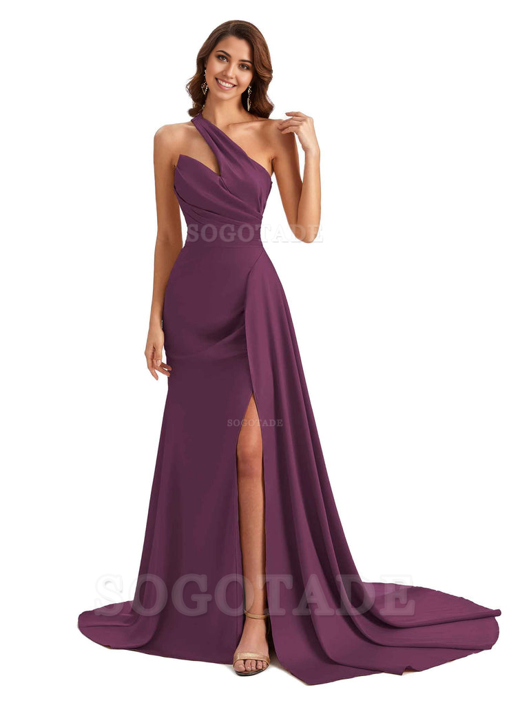Mermaid One shoulder Satin formal dresses evening gown Bridesmaid Dresses With Side Slit 