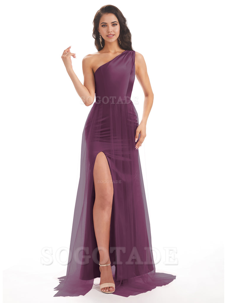 Mermaid One Shoulder Satin Side Slit Tulle formal dresses evening gown Bridesmaid Dresses