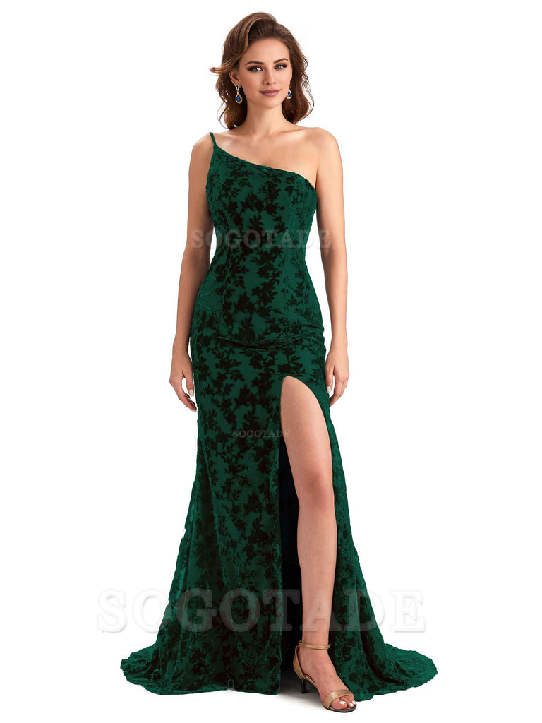 Sexy Magnetic Side Slit Spaghetti Straps Mermaid Floral Velvet Long High Quality Bridesmaid Dresses Formal Women's Dresses Wedding Guests Dresses