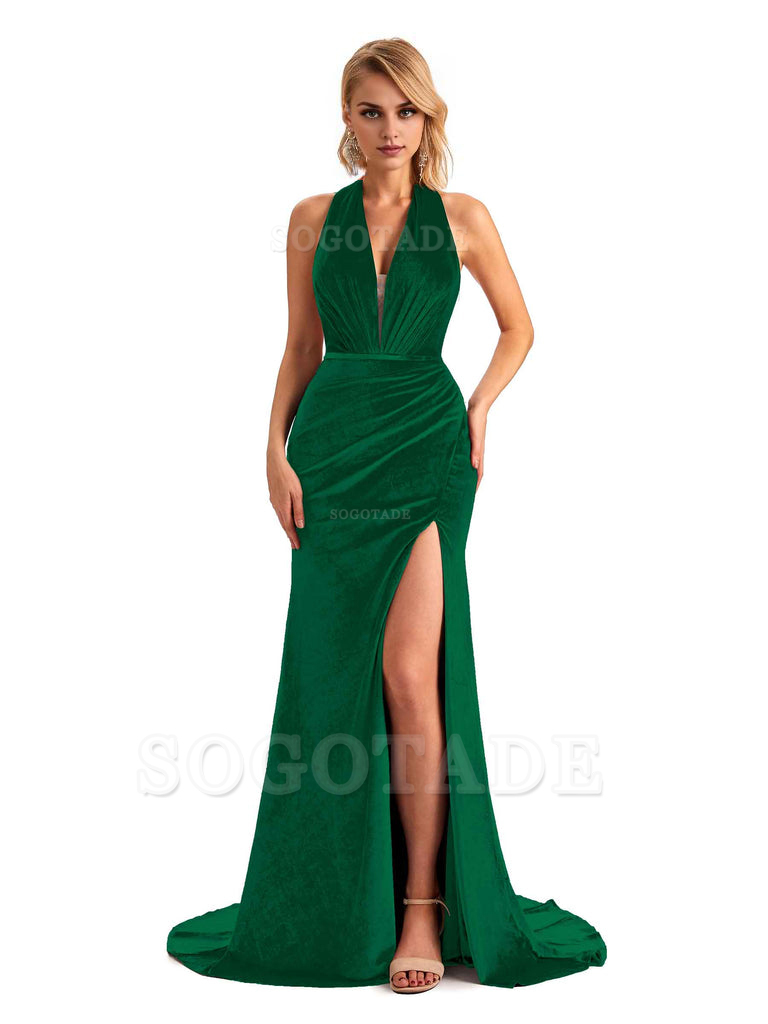 Sexy Deep V Neck Backless Mermaid Halter Side Slit Velvet Long Bridesmaid Dresses Online