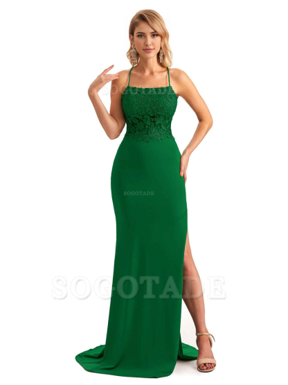 Sexy Side Slit Spaghetti Straps Open Back Mermaid Lace Applique Long Formal Bridesmaid Dresses