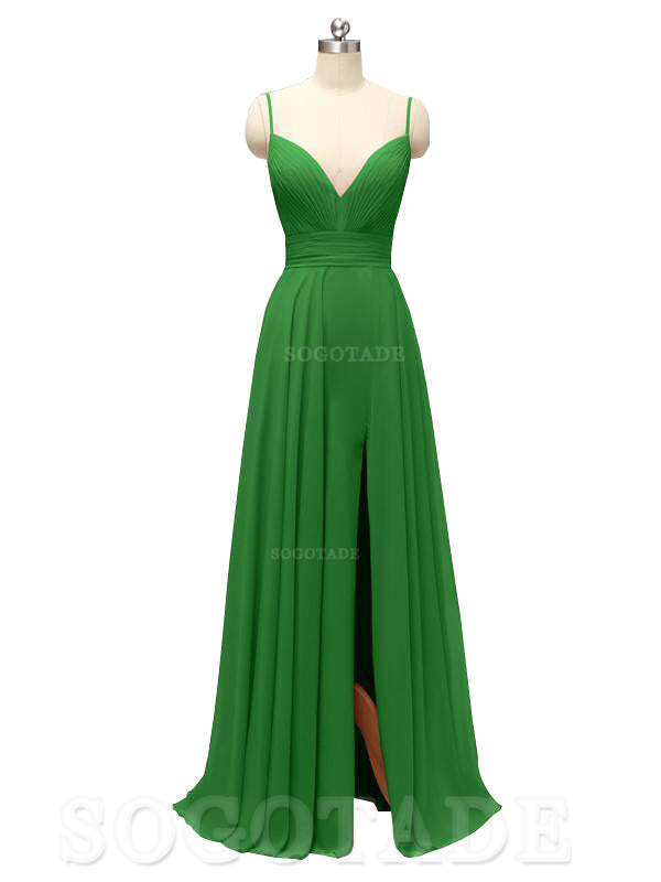Honest Chiffon Spaghetti Straps Slit Long Bridesmaid Dresses prom shop dresses