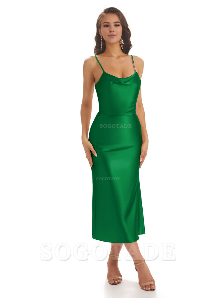 Sexy Soft Satin Spaghetti Strap Tea-Length Midi Short Bridesmaid Dresses prom shop dresses