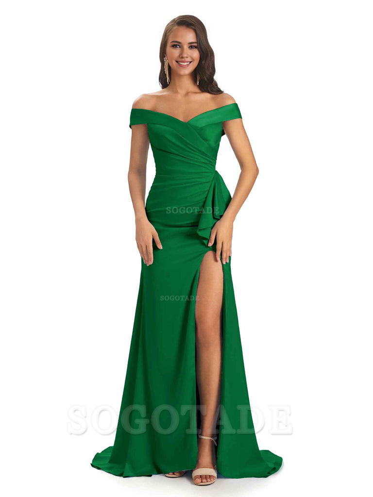 Sexy Soft Satin Side Slit Off The Shoulder Maxi Long Mermaid Bridesmaid Dresses prom shop dresses