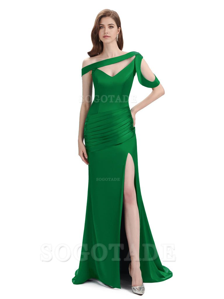 Mermaid V-Neck Satin Floor-Length formal dresses evening gown Bridesmaid Dresses With Side Slit 