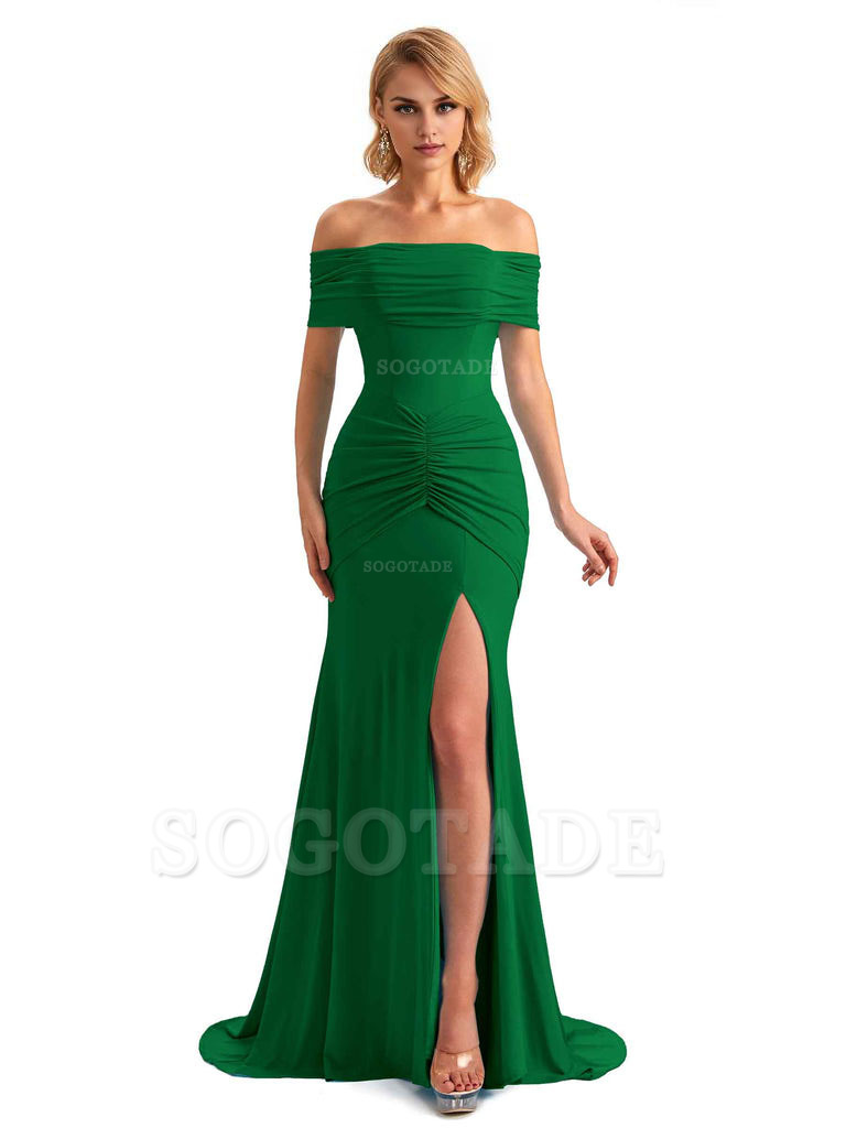 Elegant Mermaid Off The Shoulder Side Slit Stretchy Jersey Long Formal Bridesmaid Dresses