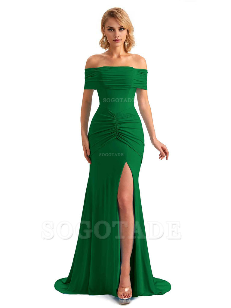 Elegant Mermaid Off The Shoulder Side Slit Stretchy Jersey Long Formal Bridesmaid Dresses