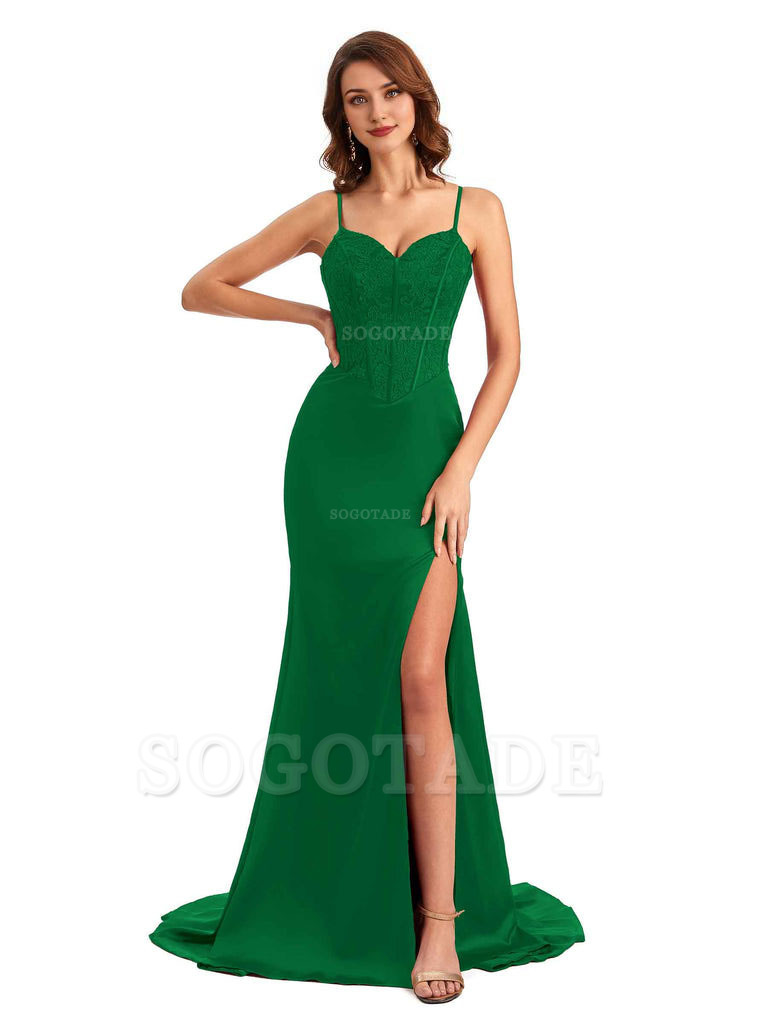 Sexy Side Slit Mermaid Silky Satin V-Neck Lace Unique Long Bridesmaid Dresses