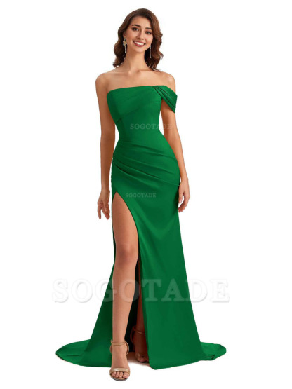 Unique One Shoulder Side Slit Satin Long Formal Dresses For Bridesmaid Dresses