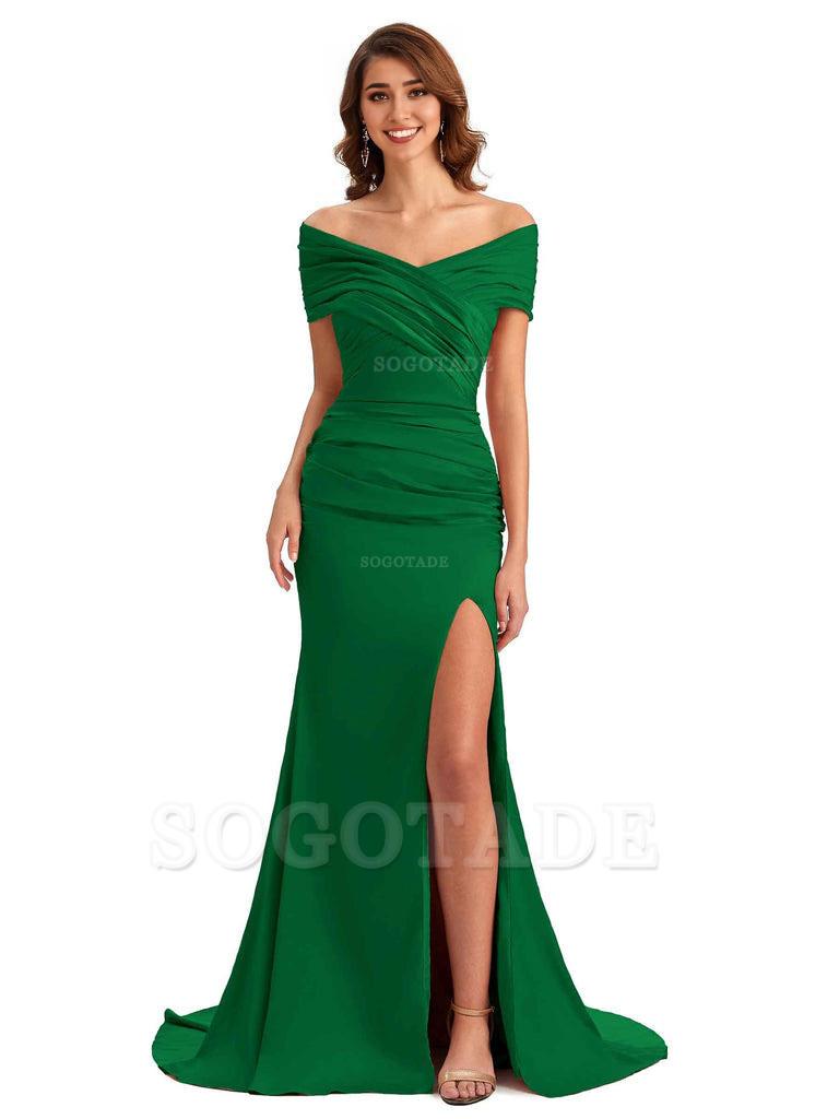 Sexy Off The Shoulder Side Slit Mermaid Satin Unique Long Formal Wedding Guest Dresses