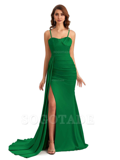 Sexy Spaghetti Straps Side Slit Mermaid Unique Long Bridesmaid Dresses In Satin