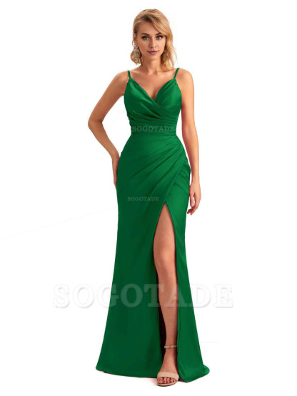 Sexy Side Slit V-Neck Mermaid Silky Satin Unique Long Formal Ladies Bridesmaid Dresses