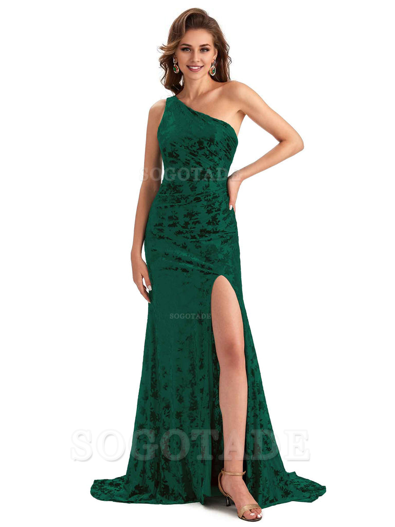 Sexy Side Slit One Shoulder Mermaid Floral Velvet Long Modern Bridesmaid Dresses