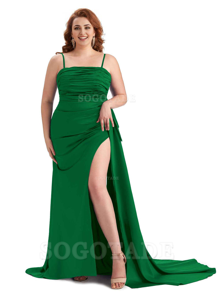 Sexy Side Slit Spaghetti Straps Mermaid Soft Satin Long Plus Size Bridesmaid Dresses Online
