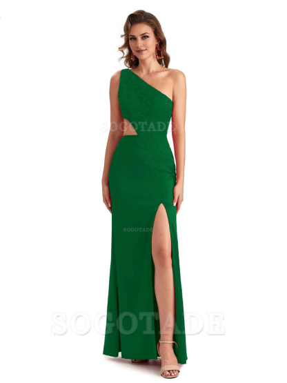 Sexy Side Slit Mermaid Lace Silky Satin One Shoulder Chic Long Bridesmaid Dresses