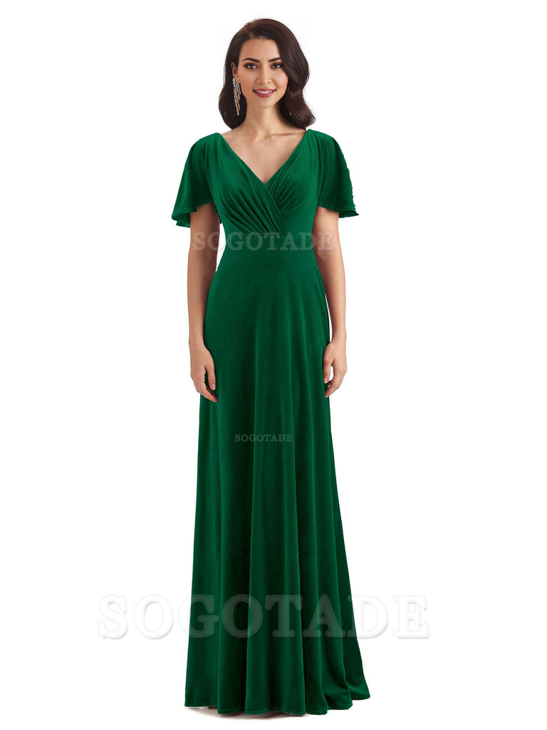 V-Neck Sexy See Through Short Sleeves Lace up Velvet Long Bridesmaid Dresses Formal Women's Dresses Wedding Guests Dresses