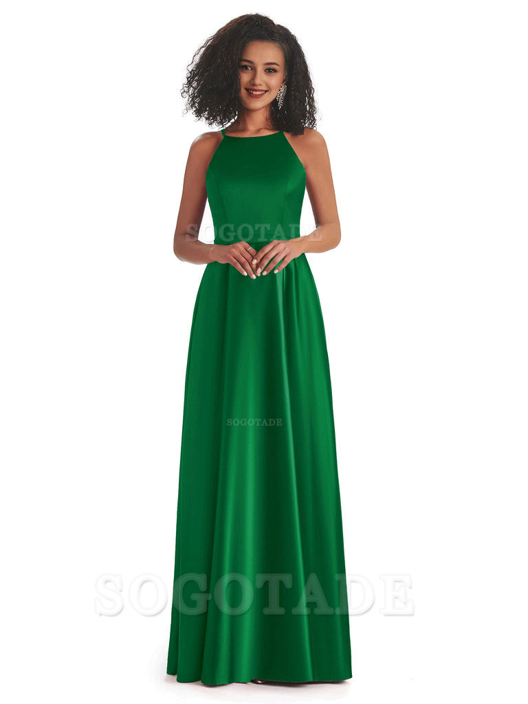 Soft Satin A-Line Halter Floor-Length Modern African Bridesmaid Dresses
