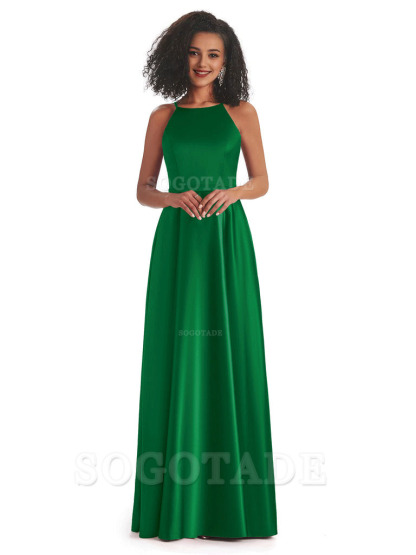 Soft Satin A-Line Halter Floor-Length Modern African Bridesmaid Dresses