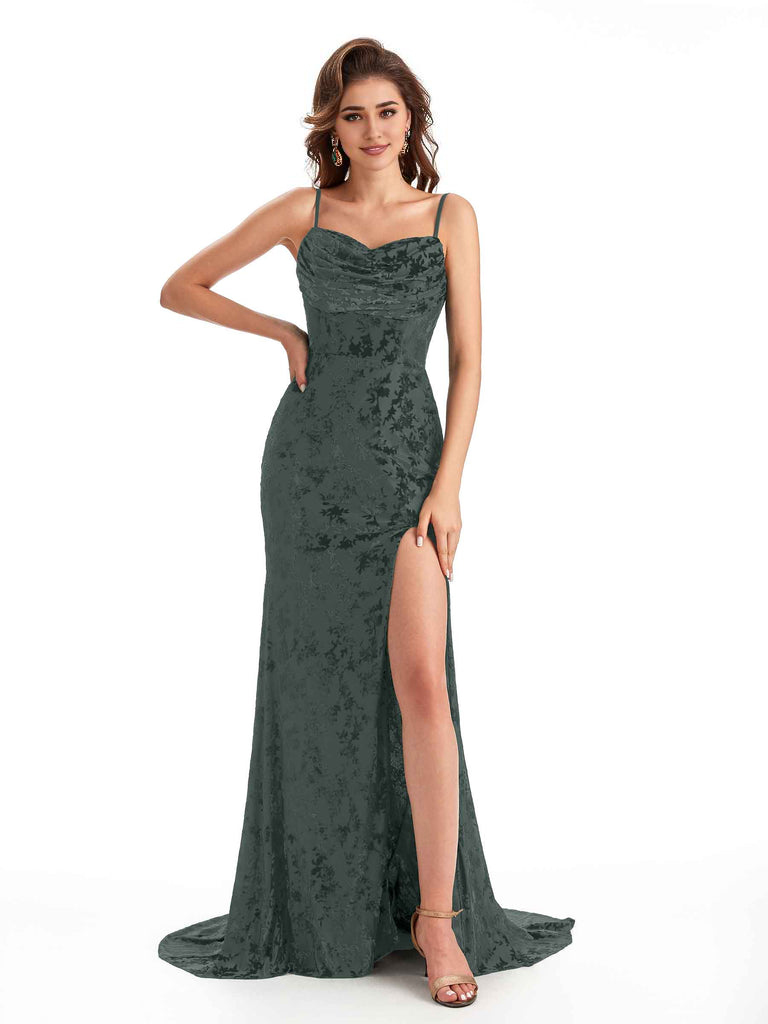 Sexy Spaghetti Straps Side Slit Mermaid Floral Velvet Long Bridesmaid Dresses Online