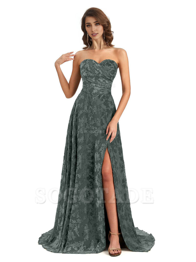 Sexy Side Slit Strapless Floral Velvet Sweetheart Long Bridesmaid Dresses