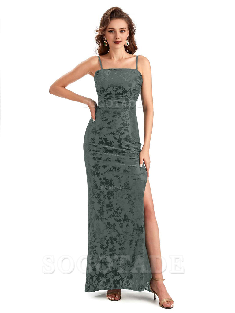 Sexy Side Slit Spaghetti Straps Floral Velvet Long Formal Bridesmaid Dresses Online