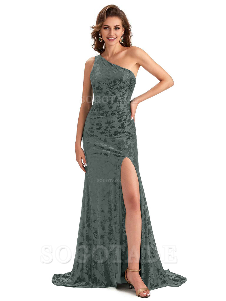 Sexy Side Slit One Shoulder Mermaid Floral Velvet Long Modern Bridesmaid Dresses